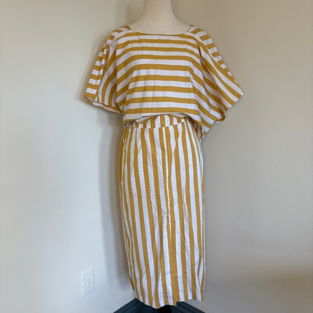 TELA Yellow Stripe Set Pencil Skirt Oversize Top Button Cotton Size L
